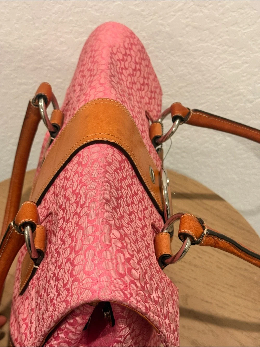 Coach Y2K Pink Canvas and Tan Leather Shoulder Satchel